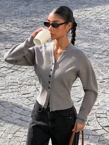 Muchica Damski, jednolity kolor, minimalistyczny, długi rękaw, szary, dzianinowy kardigan, do noszenia na co dzień - Szary - Zobacz 4