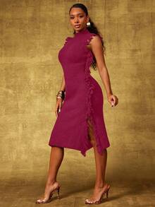 Vixey Vestido de suéter midi sin mangas con cuello alto, detalle de flecos y bajo dividido - Rosa Fucsia - Ver 4