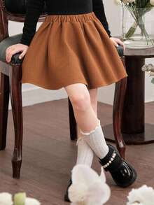 SHEIN Young Girl's Solid Color Corduroy A-Line Skirt,Elegant&Ladylike Minimalist Versatile,Perfect For Daily,School,Outing,Spring,Durable Fabric,Gift - Burgundy - View 3