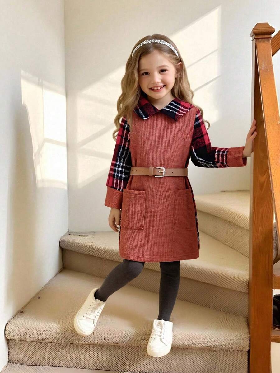 SHEIN Elladie kids 女童休闲格子拼接连衣裙,配腰带,适合日常通勤和上学,秋/春季穿着 - 紅色 - 查看 1