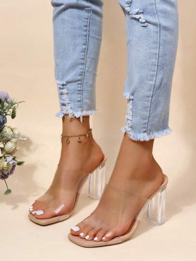 Sandalias de mujer  transparente punta cuadrada tiras anchas tacón acrílico moderno fiesta y diario