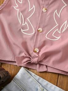 SHEIN 年轻女孩春夏 2025 新款西部图腾刺绣扭结酒红色衬衫，适合日常活动、郊游和社交聚会 - 藕粉色 - 查看 7