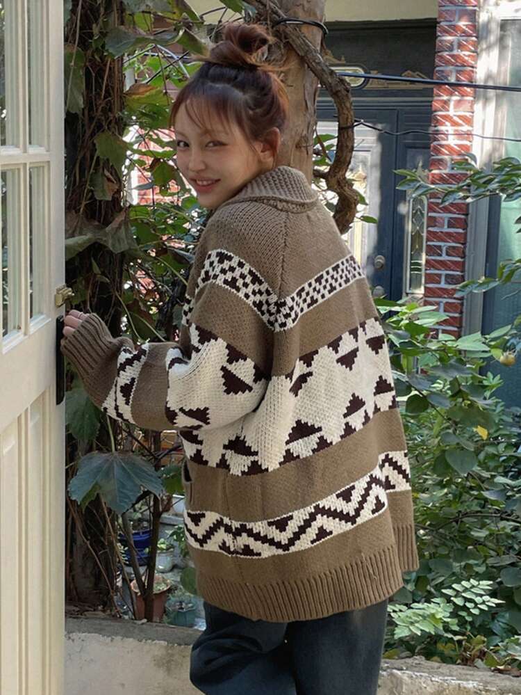 Women's Cardigan With Cozy Fair Isle Pattern, Elegant Design Hoodie