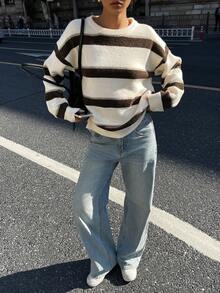 DAZY Women's Dropped Shoulder Long Sleeve Casual Knit Pullover Crew Neck Striped Loose Sweater Y2k - Apricot - View 2