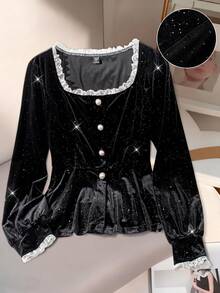 GlowEve CURVE Top elegante con ribete de encaje para mujer de talla grande - Blanco y Negro - Ver 4