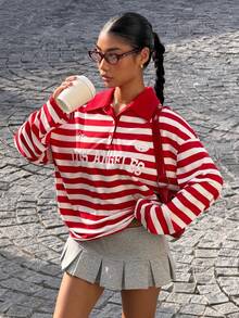 Muchica Women's Casual Red Striped Letter Print T-Shirt For Going Out Outfits, Back To School, Streetwear, Y2K Clothes, Autumn Clothes, Striped Long Sleeve,Graphic Tees - Red and White - View 6
