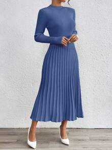 RosyDaze Women's Elegant Solid Color Ribbed Knit Long Sleeve Dress, Autumn/Winter - Dusty Blue - View 5