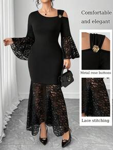 Elenzga Plus Size Women Asymmetric Collar Contrast Lace Flare Sleeve Fishtail Hem Elegant Dress - Black - View 1