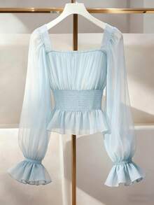 SHEIN Franclia Women's Elegant Sheer Waist Flare Sleeve Blouse - Blue - View 5