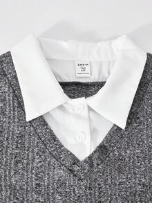 SHEIN ChillGRL 少女休闲日常通勤撞色灯芯绒长袖衬衫，适合秋冬季穿着 - 深灰色 - 查看 6