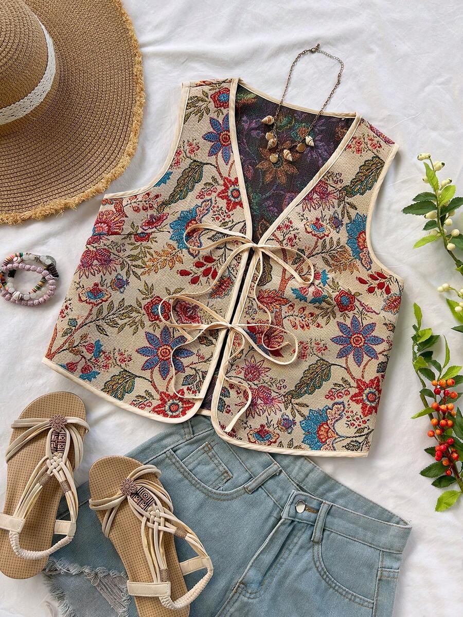 Soleia 女士度假休闲复古热带植物提花系带纹理面料背心 - 彩色 - 查看 1