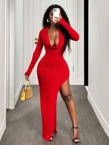 BamGleam 高开衩垂坠设计长袖连衣裙，修身剪裁 - 紅色 - 查看 3