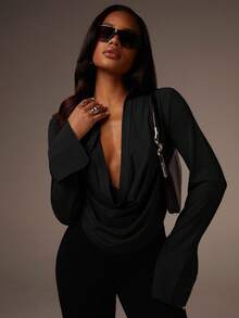 Athîral 女士纯色圆领时尚百搭长袖休闲衬衫 - 黑色 - 查看 3