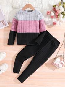 Elladie kids Setelan Kaos Lengan Panjang dan Celana Rajut Bergaris Warna-warni Kasual untuk Anak Perempuan, Musim Gugur/Semi - MultiWarna - View 1