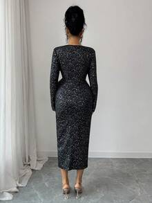 Elenzga Autumn/Winter New French Chic Elegant Knit Glitter Design Cross Collar Tie Waist Fitted Midi Dress, Versatile Cocktail Party Wear, Black - Multicolor - View 4