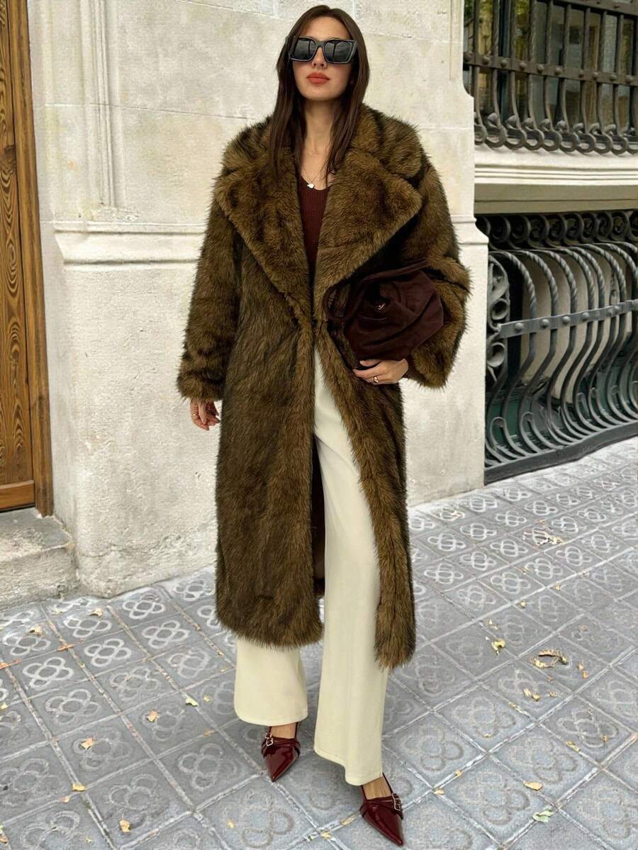Aloruh 女士优雅仿皮草长款大衣，秋冬 - 棕色 - 查看 1