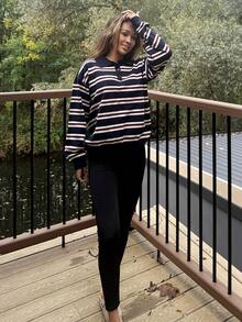 RebeccaVibe Women's Autumn Retro Striped Turtleneck Sweater - Navy Blue - View 2