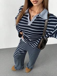 SHEIN PETITE 女款 2 件套海軍藍白條紋 V 領寬鬆長袖 T 恤與彈性腰長褲，秋季居家服冬季針織套裝，適合嬌小女性 - 彩色 - 查看 7