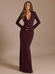 SHEIN BAE Autumn/Winter Solid Brown Long Sleeve Sexy Deep V-Neck Wrap Fitted Extra Long Mermaid Hem Dress, Suitable For Nightclub Party, Outing, Autumn Dress, Old Money, Sexy Minimalist Women Extra Long Dress, Party, Cocktail, Formal Occasion Dress, Brown Dress, Birthday Mini Dress,Fall,Fall Clothes For Women,Women's Winter Clothes
