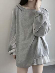 DAZY Women's Loose Fit Shoulder Cut-Out Color Block T-Shirt - Grey - View 4