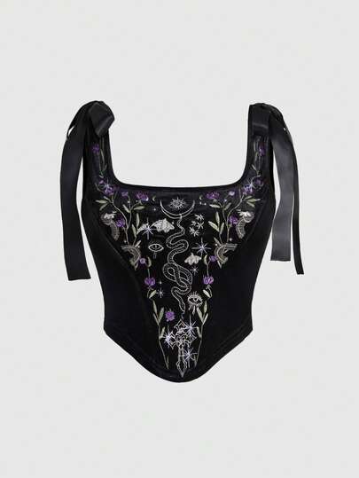 Goth Body de terciopelo con bordado de serpiente y planta en estilo gótico