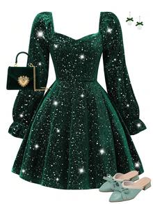 SHEIN Sparklyn Girls' Fashion Green Velvet Patchwork Princess Dress, Metallic Foil Fabric Design, Suitable For Party And Holiday Wear