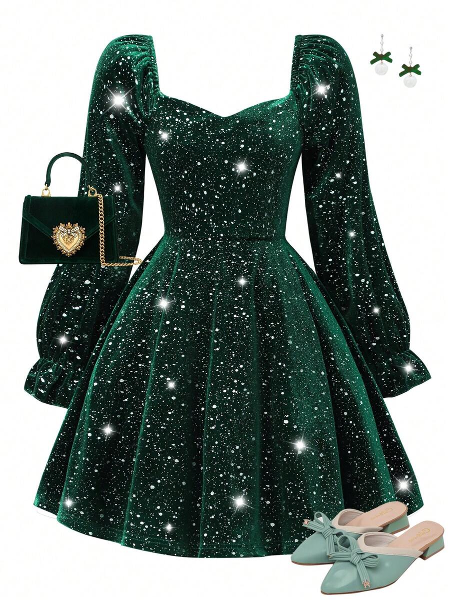 SHEIN Sparklyn Girls' Fashion Green Velvet Patchwork Princess Dress, Metallic Foil Fabric Design, Suitable For Party And Holiday Wear