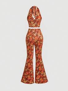 SHEIN MOD Floral Print Tie Backless Halter Top & Flare Leg Trousers - Multicolor - View 9