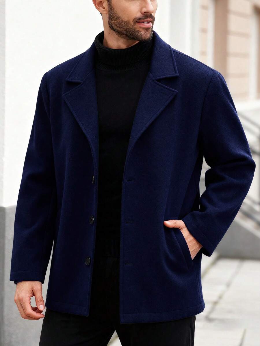 Manfinity Mode 加大码男士长袖纯色单排扣外套，适合秋季通勤 - 藏蓝色 - 查看 1