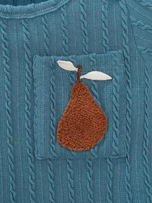 Neugeborenen Baby Loungewear 3-teiliges Set - Teal Blau Birne Stickerei Strick Jumpsuit + Lätzchen + Mütze, Süßes Birnen Muster Zopfstrick Design, Teal Blau frische Farbe, Strick Warm Stoff, Langarm Jumpsuit, Lätzchen, Mütze, Birne Stickerei Kombination, Social Media Stil, Süßes Frühjahr Herbst Winter Urlaub Grundausstattung Neugeborenen Baby Zuhause Set - Taubenblau - Übersicht 4