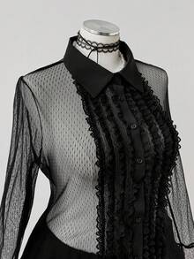 Sunspun Party Fall Autumn And Winter Plus Size Vintage Dark Style Lace Trim Blouse - Black - View 7