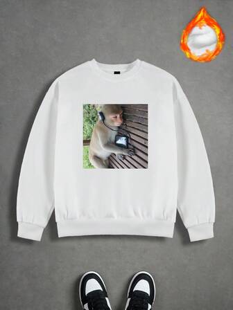 Manfinity Roghcode Herrtröja med roligt och enfärgad tryck och musik, bekväm långärmad tröja med rund hals, avslappnad design för män, lämplig för semester, middagar, mångsidig och enkel design, perfekt att bära själv eller som present till vänner.