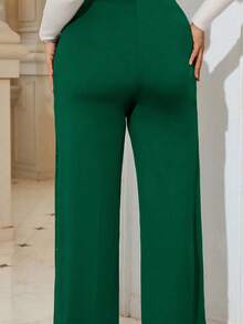 SHEIN Tall CURVE Plus Size Solid Color Straight Loose Mesh Patchwork Elegant Pants - Green - View 7