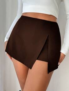 Siren Gaze Chân váy mini xẻ tà màu trơn dành cho nữ, thích hợp khi đi làm - Cà phê nâu - Xem 4