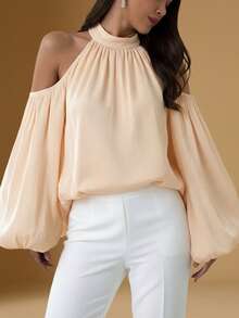 Briarwyn Women's Solid Color Off-Shoulder Lantern Sleeve Pleated Loose Fashion Blouse - Apricot - View 3