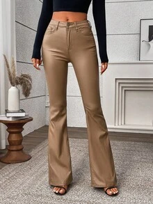 SHEIN Tall 女款休閒百搭低腰修身黑色塗層喇叭褲，適合春夏秋季，適合高個女性 - 駝色 - 查看 6