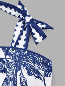 Swim Oasis Women's Blue & White Tropical Bird, Palm Tree, Zig Zag Print Swimsuit Set, Beach Holiday Casual Boho Style Blue & White Bikini With Sarong Skirt Set - Blue and White - View 3