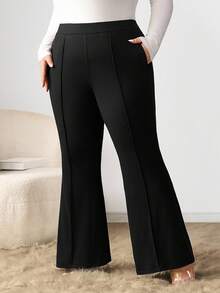 Enliva Obviously_ebony Plus Size Women's Elastic Flare Pants With Pocket Details, For Apple Rounded Body Shape - Black - View 6