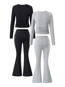 Tween Girl) Casual All-Match Versatile Daily Wear Crew Neck Short Long Sleeve Top + Flare Leggings Tight Knit Autumn/Winter 3 Pieces Set - Multicolor - View 2