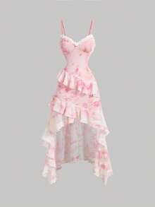 SHEIN MOD Women's Romantic Vintage Lace Dress With Ruffle Hemline, Bodycon Dress,Dress Party,Pink Floral Dress,Summer Dress,Valentine Outfits - White - View 1