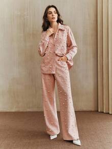 Anewsta 女士高腰时尚优雅串珠直筒宽松阔腿牛仔裤，适合情人节派对、春秋季穿着。 - 淺粉色 - 查看 5