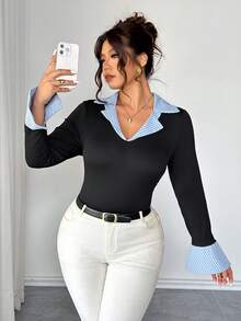 Elenzga Damen elegantes Kontrast-Streifenoberteil mit Kragen und Gummizug - Schwarz - Übersicht 1