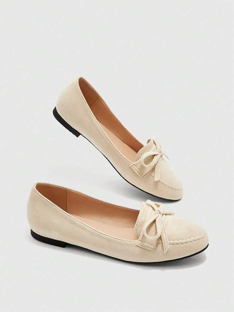 CUCCOO BIZCHIC Apricot Round Toe Velvet Bow Commuter Versatile Lightweight Non-Slip French Style Flat Shoes For Women, Spring/Autumn For Christmas