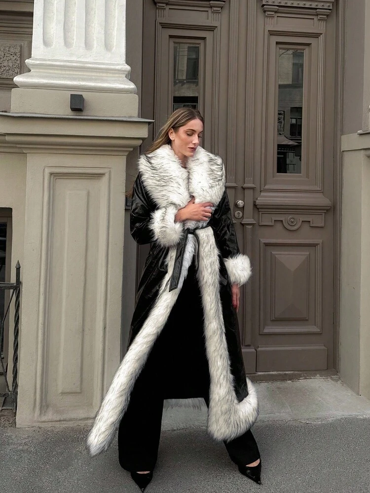 CONTRAST FAUX FUR DETAIL SLANT POCKET WINTER COAT