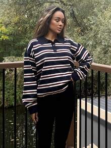 RebeccaVibe Women's Autumn Retro Striped Turtleneck Sweater - Navy Blue - View 4
