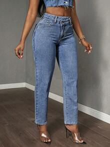 SHEIN Tall Women's Asymmetric Waist Pocket Casual Tapered Jeans