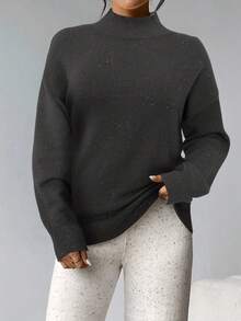 SHEIN Tall CURVE Plus Size Women's Solid Stand Collar Sweater, Minimalist & Casual, Suitable For Everyday Wear - Coffee Brown - View 5