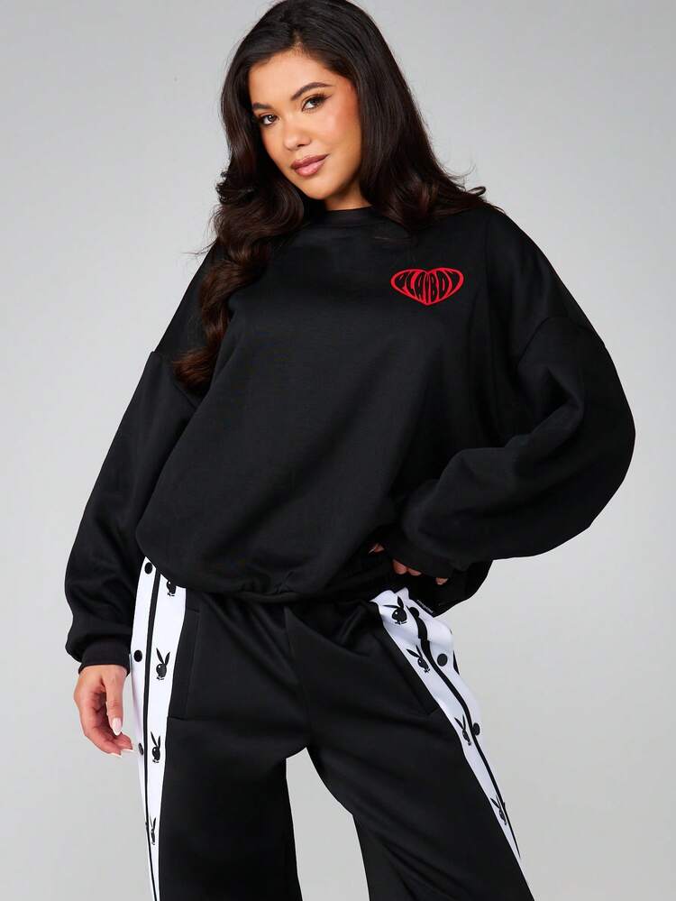 Missguided x Playboy Oversized Black Heart Print Pullover Sweatshirt For Women Casual Valentine Graphic Crew Neck Long Sleeve Fall Winter Top