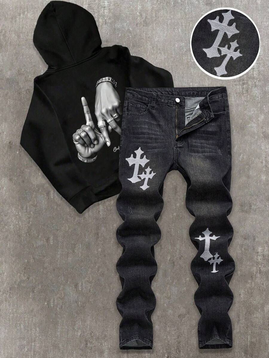 Bolty Teen Boy Fashion Casual Y2k Vintage Cool Street Returns To School College Black Cross Embroidered Pattern Grey Denim Stretch Jeans For Kids Clothes Teen Boy Dailywear And Kids Winter And Fall Rave Outfits Festival And Outfits Streetwear School Clothes - Black - View 1