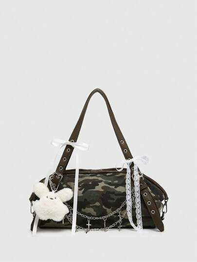 Kawaii Borsa a tracolla da donna vintage con decorazione a croce e cuore, effetto degradé mimetico, fiocco, ampia capacità, con tasche multiple